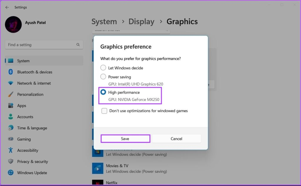 در Graphics preference dialog، GPU مورد نظر خود را انتخاب نمایید